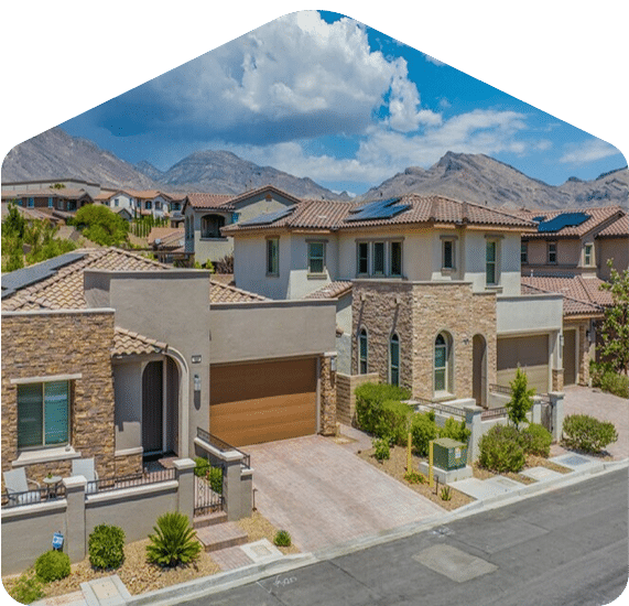 Modern homes with mountain backdrop