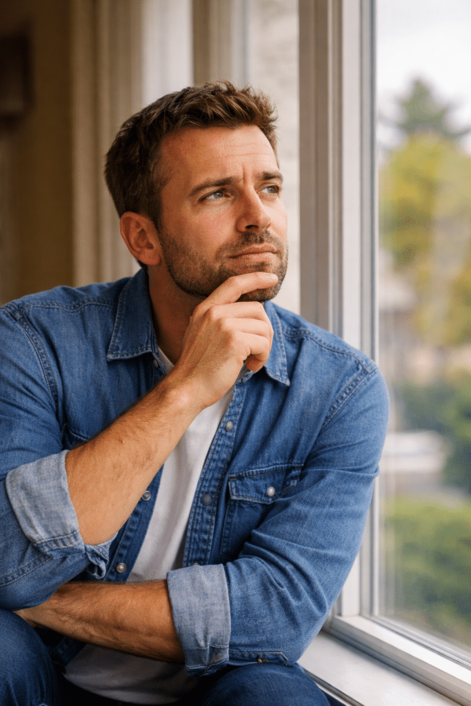 Home 41 Man thoughtfully gazing out window.