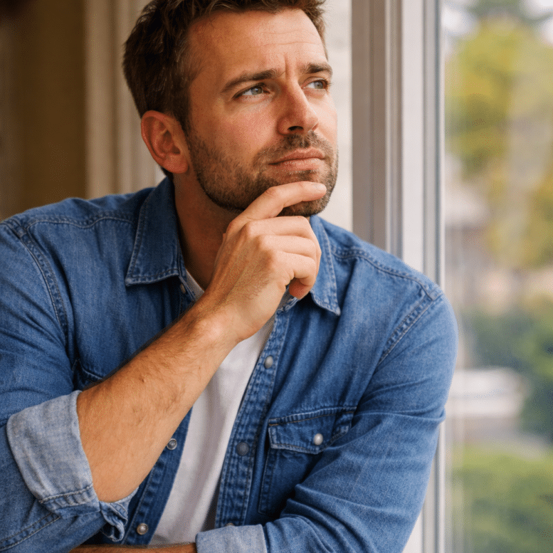 Man thoughtfully gazing out window.